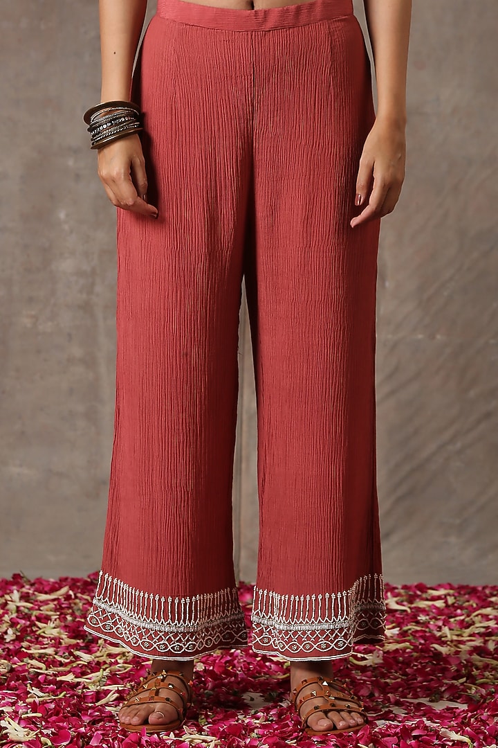 Peach Hand Embroidered Gathered A-Line Kurta Set by Rekha Agra at Pernia's Pop Up Shop