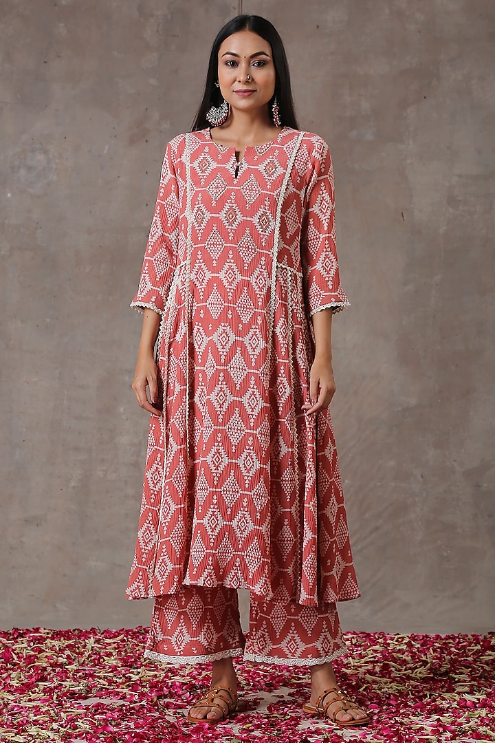 Peach Hand Embroidered A-Line Tunic Set by Rekha Agra