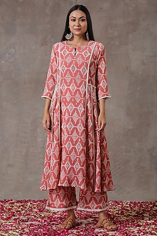 Peach Hand Embroidered A-Line Tunic Set by Rekha Agra