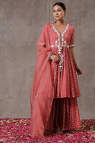 Peach Crinkled Cotton Silk Gharara Set by Rekha Agra