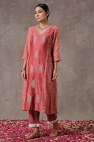 Peach Embroidered A-Line Kurta Set by Rekha Agra