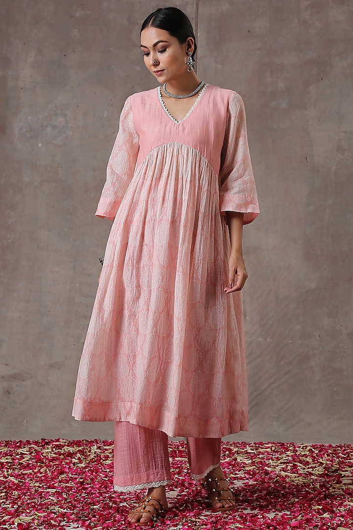 Blush Pink Embroidered Gathered A-Line Kurta Set by Rekha
