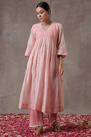 Blush Pink Embroidered Gathered A-Line Kurta Set by Rekha Agra