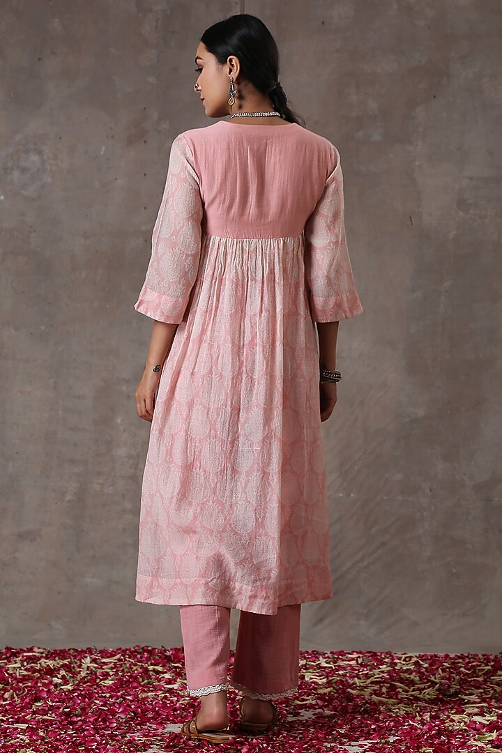 Blush Pink Embroidered Gathered A-Line Kurta Set by Rekha Agra at Pernia's Pop Up Shop