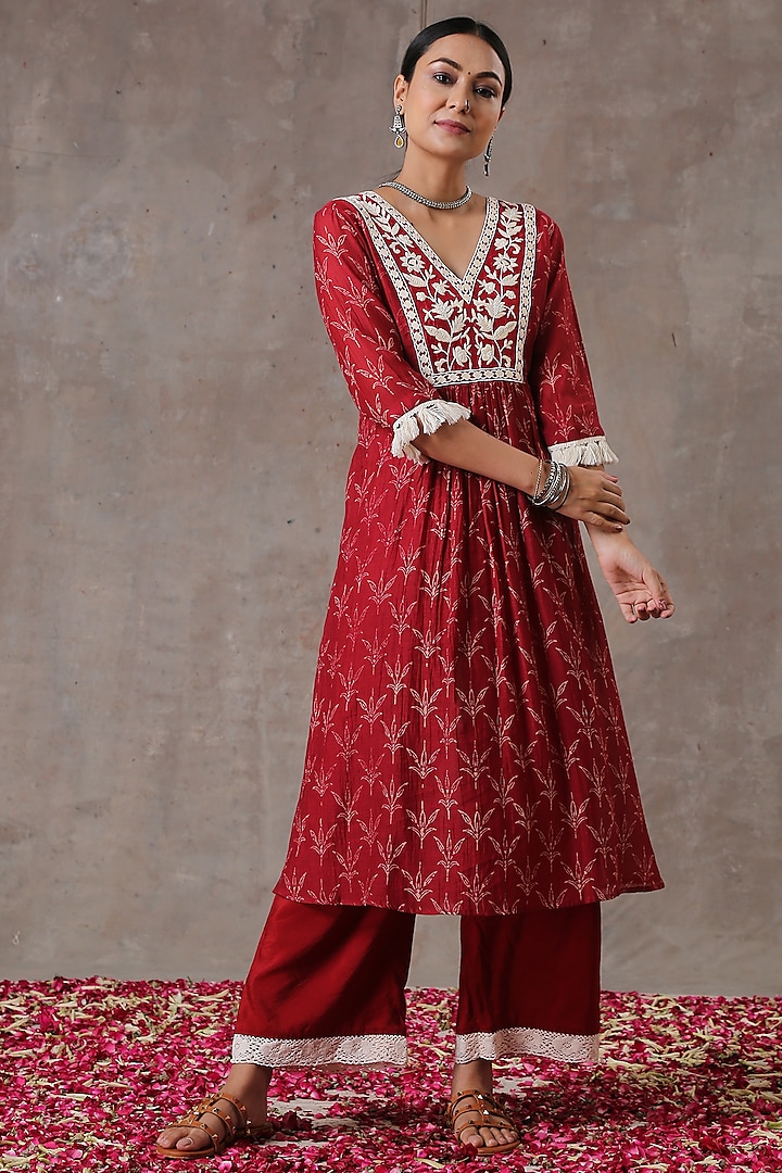 Cadmium Red Hand Embroidered Gathered A-Line Kurta Set by Rekha Agra