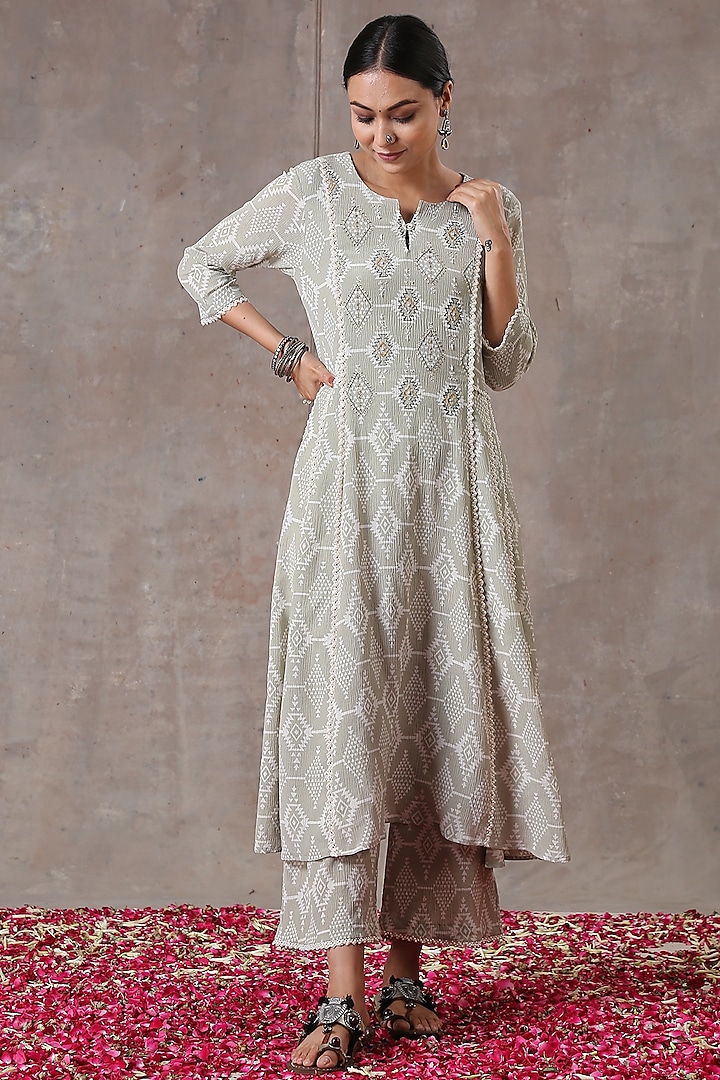 Mint Hand Embroidered A-Line Tunic Set by Rekha