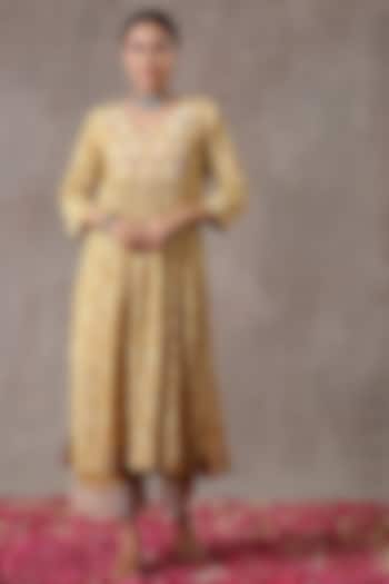 Dull Yellow Hand Embroidered Gathered A-Line Kurta Set by Rekha