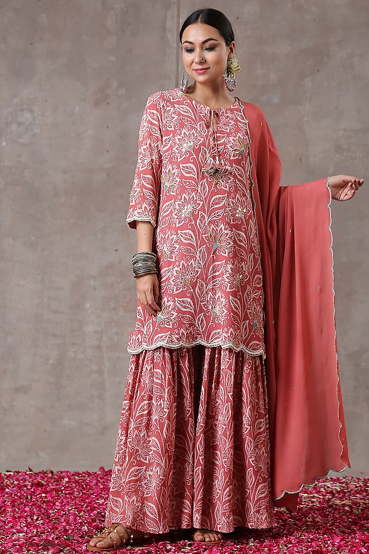 Peach Gharara Set In Crinkled Cotton Silk by Rekha Agra