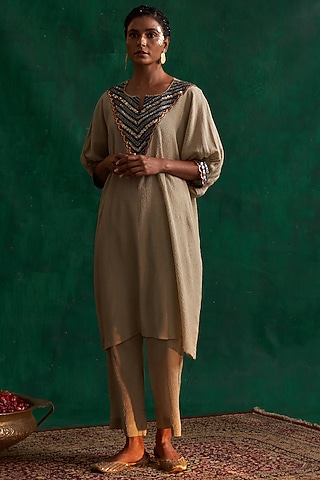 Ash Grey Embroidered Kurta Set by Rekha Agra