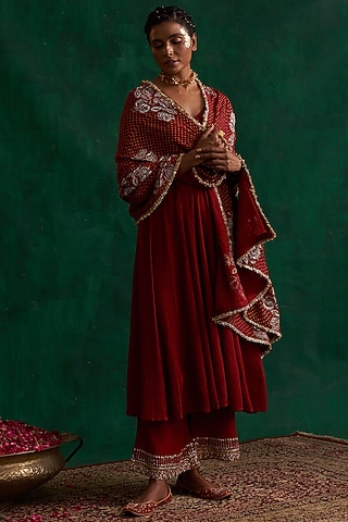 Vermilion Red Cotton Anarkali Set by Rekha Agra