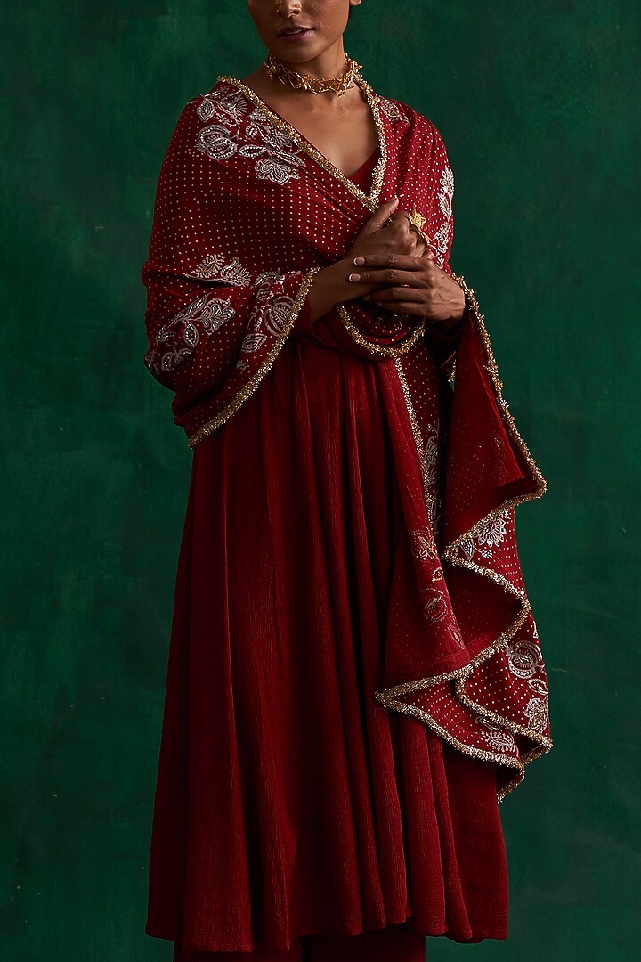 Vermilion Red Cotton Party Wear Anarkali Set by Rekha Agra at Pernia's Pop Up Shop