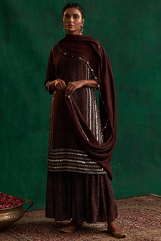Chocolate Brown Embroidered Gharara Set by Rekha Agra
