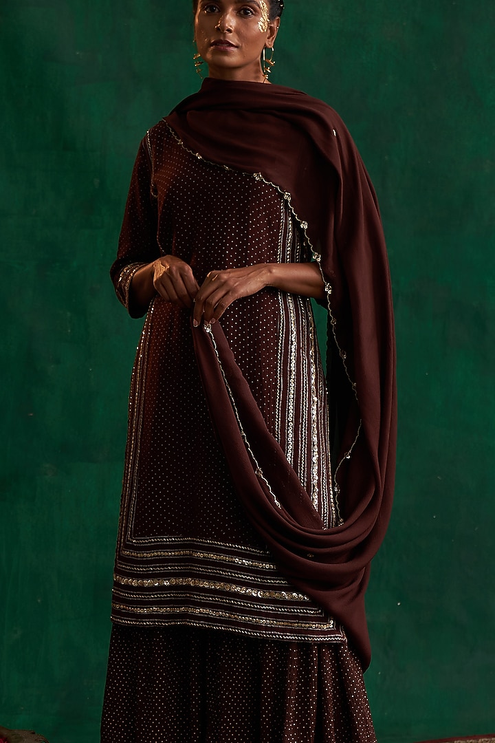 Chocolate Brown Embroidered Gharara Set by Rekha Agra at Pernia's Pop Up Shop