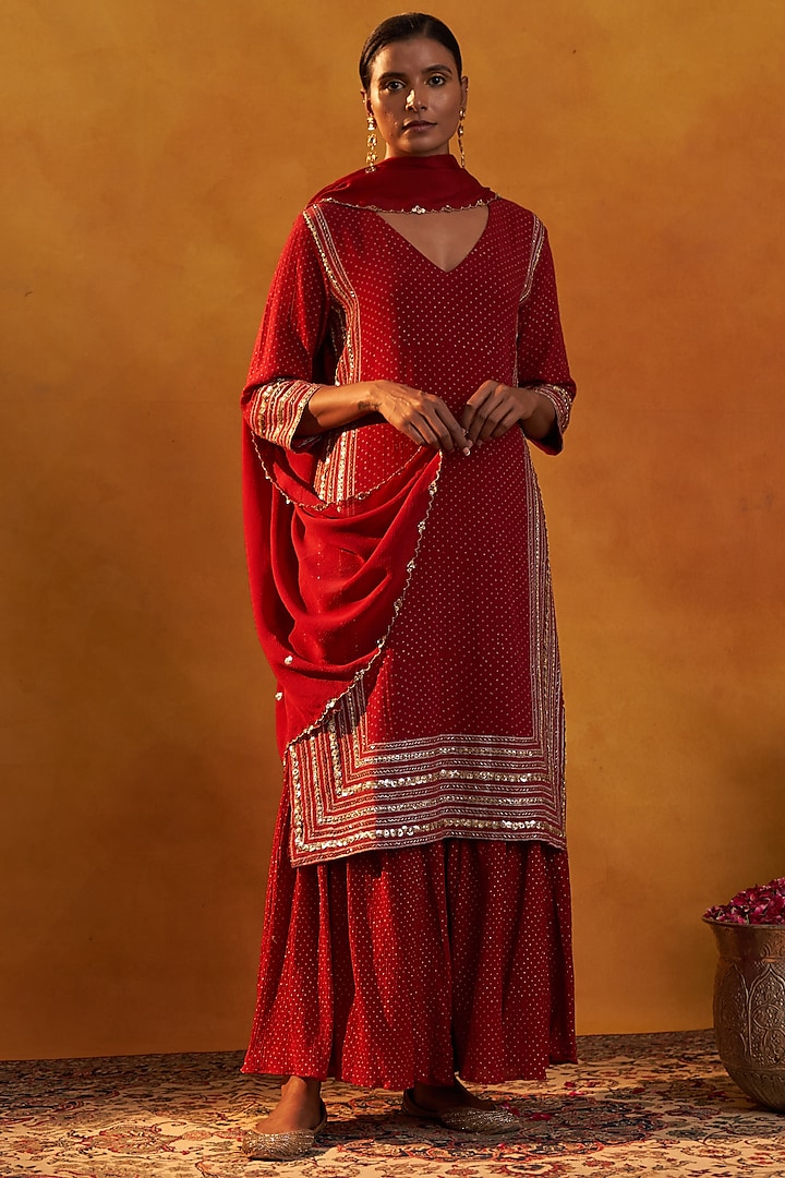 Red Crinkled Cotton Silk Embroidered Gharara Set by Rekha Agra