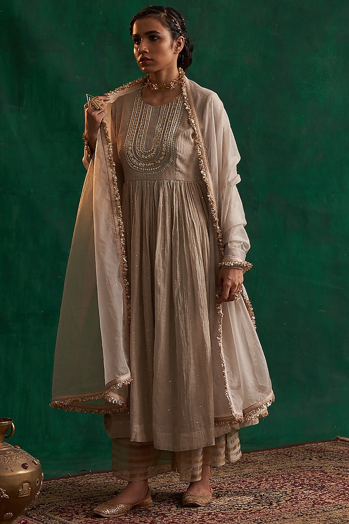 Ash Grey Embroidered Anarkali Set by Rekha Agra at Pernia's Pop Up Shop