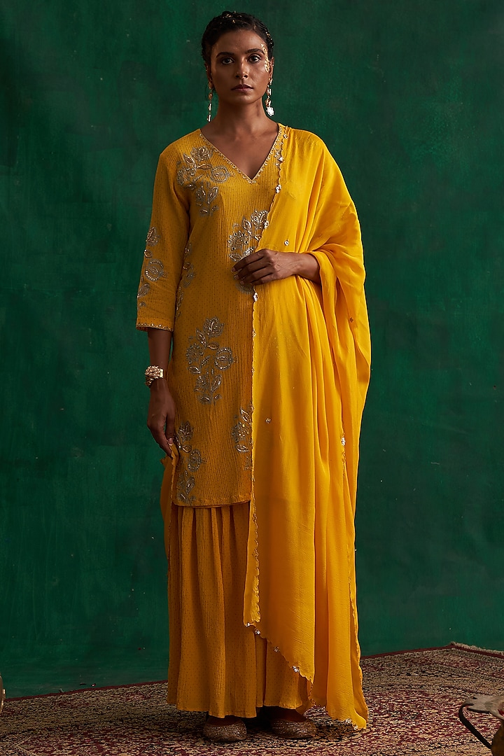 Turmeric Yellow Chanderi Gharara Set by Rekha Agra