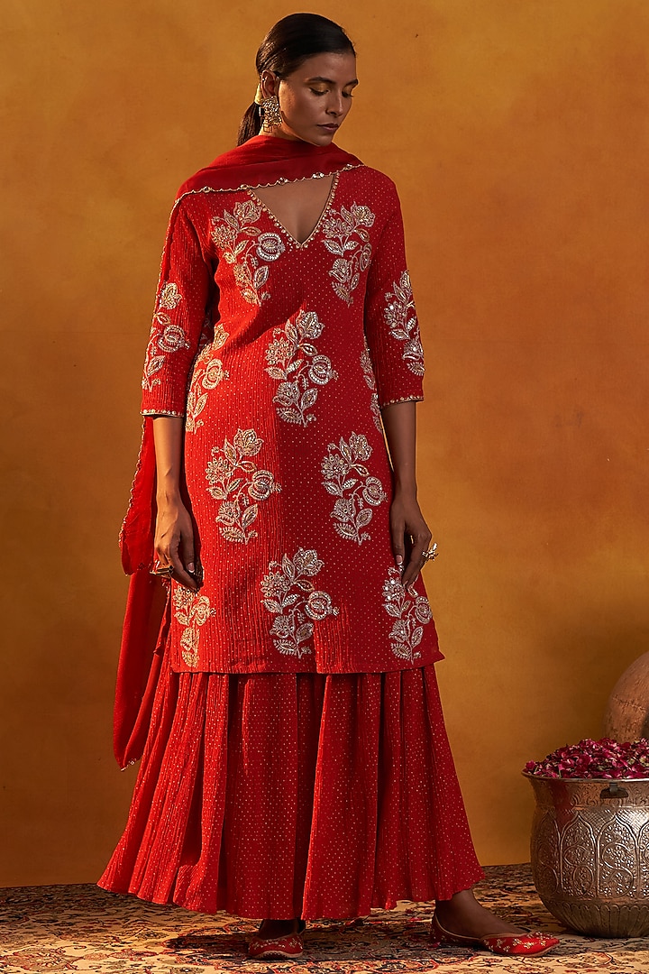 Blood Red Crinkled Cotton Silk Gharara Set by Rekha Agra