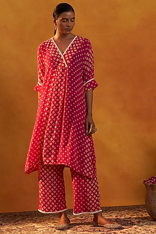 Hot Pink Printed Kurta Set by Rekha Agra