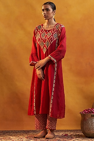 Red Printed Kurta Set by Rekha Agra