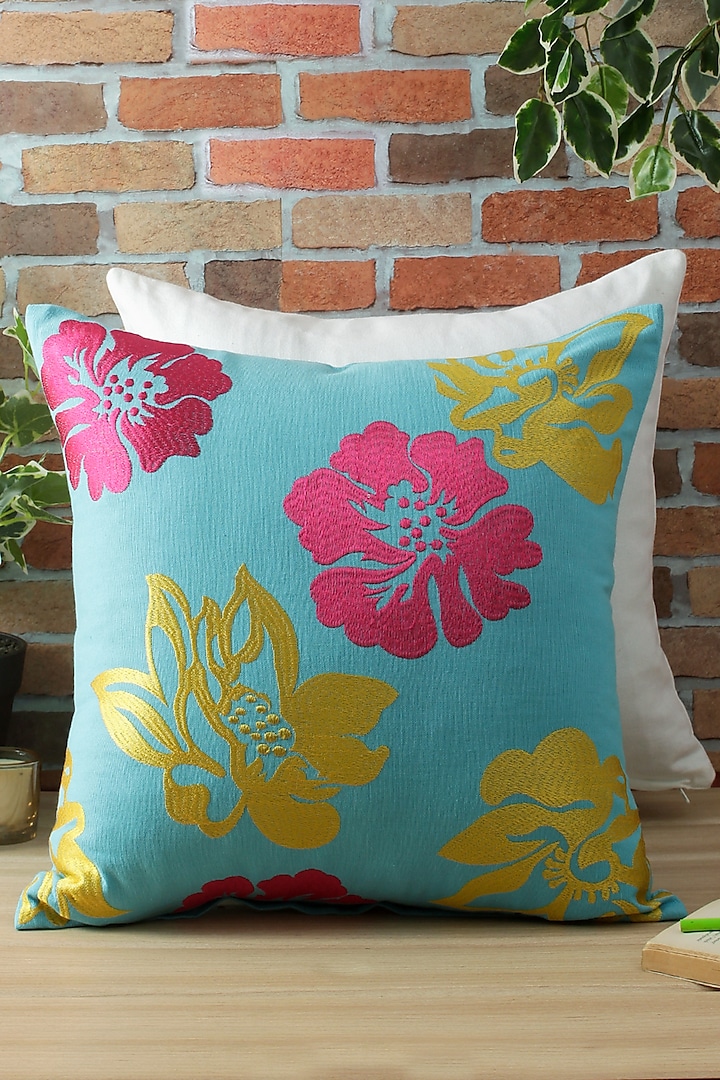 Sky Blue Floral Embroidered Cushion Cover by Reme lifestyle