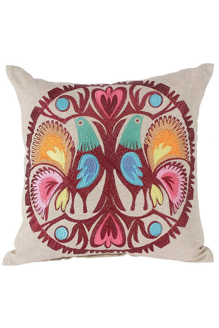 Beige Embroidered Cushion Cover by Reme lifestyle at Pernia's Pop Up Shop
