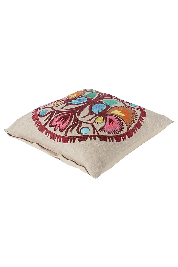 Beige Embroidered Cushion Cover by Reme lifestyle at Pernia's Pop Up Shop