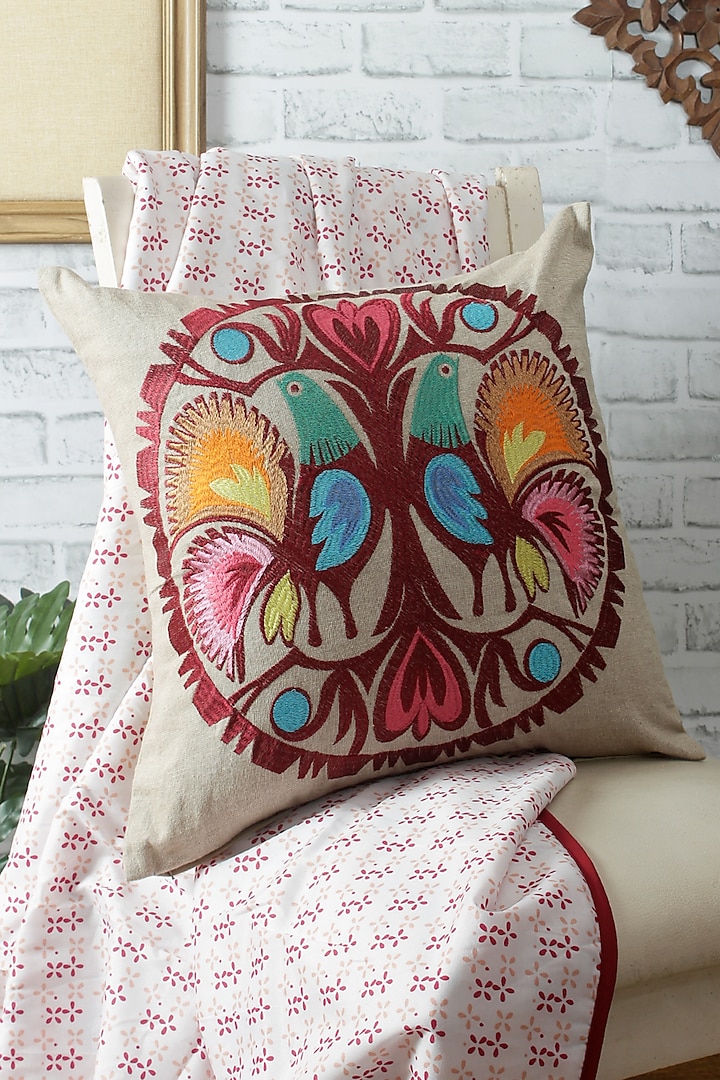 Beige Embroidered Cushion Cover by Reme lifestyle