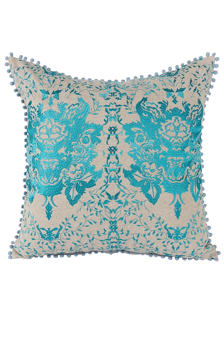 Turquoise Embroidered Cushion Cover by Reme lifestyle at Pernia's Pop Up Shop