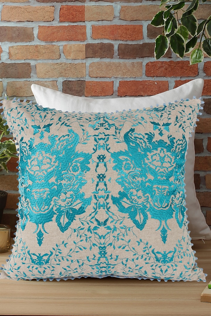 Turquoise Embroidered Cushion Cover by Reme lifestyle