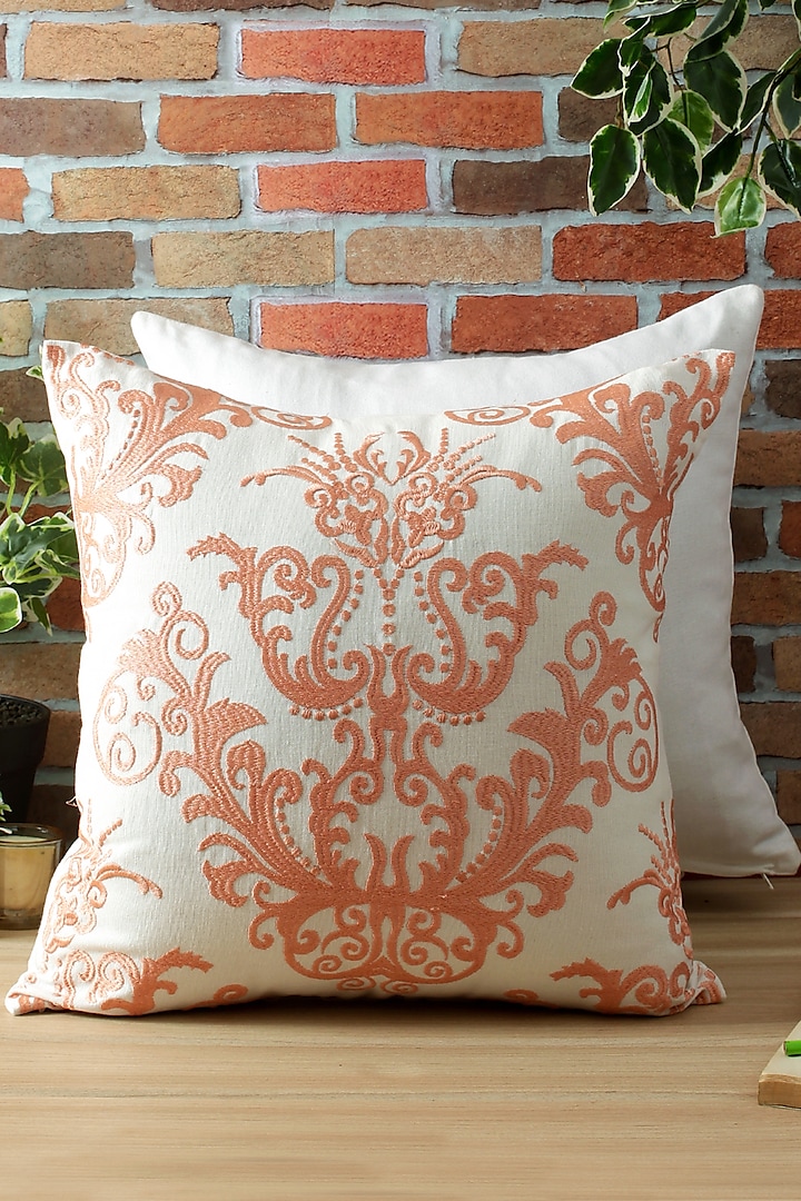 White & Peach Embroidered Cushion Cover by Reme lifestyle