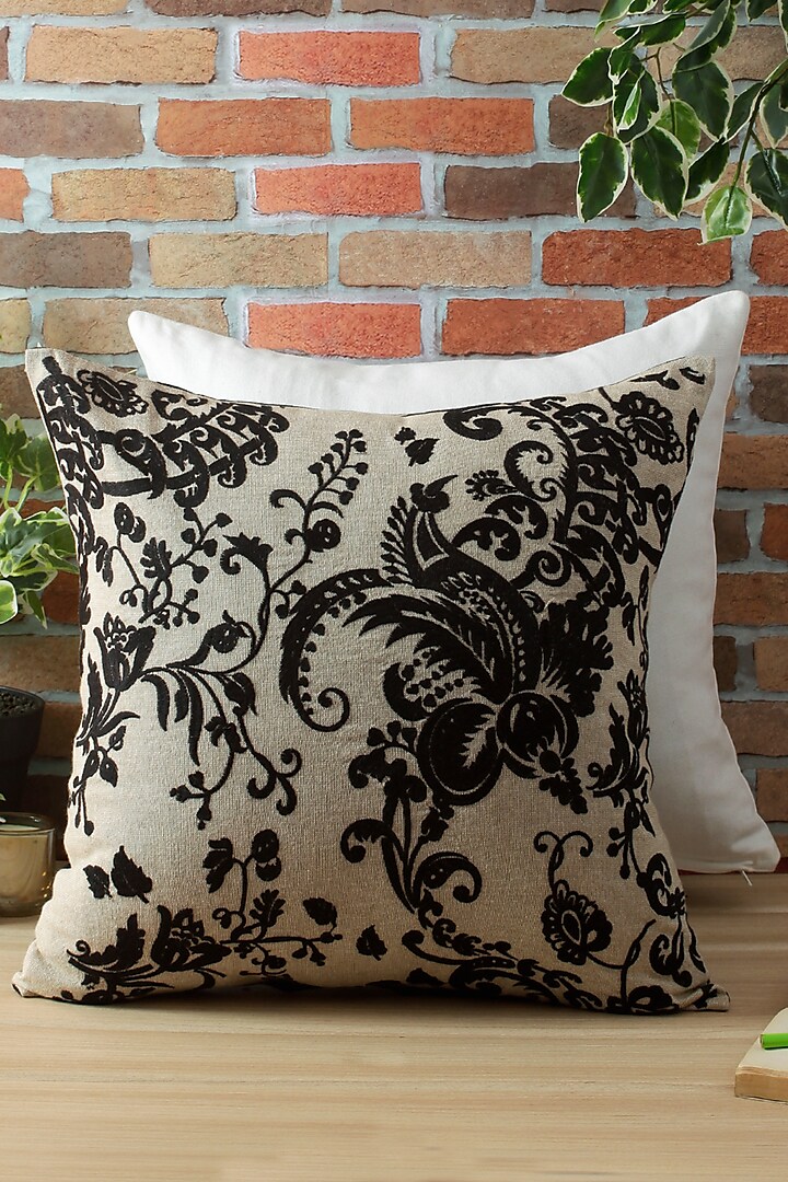 Beige & Black Embroidered Cushion Cover by Reme lifestyle