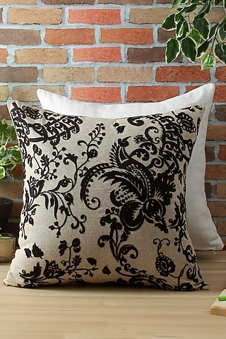 Beige & Black Embroidered Cushion Cover by Reme lifestyle