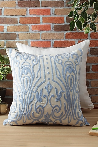 White & Blue Embroidered Cushion Cover by Reme lifestyle
