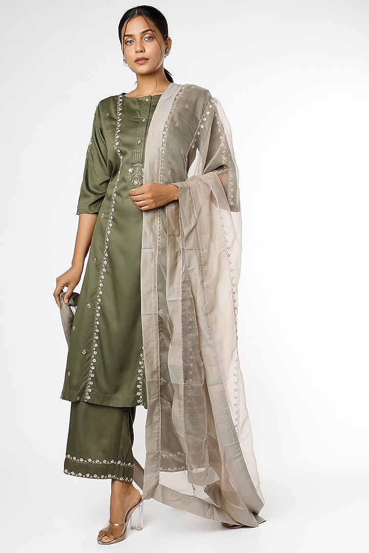 Dark Olive Zari & Sequins Embroidered Kurta Set by RENATI