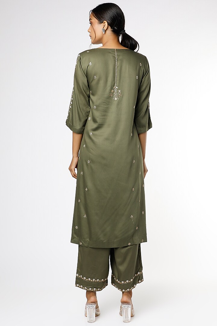 Dark Olive Zari & Sequins Embroidered Kurta Set by RENATI at Pernia's Pop Up Shop
