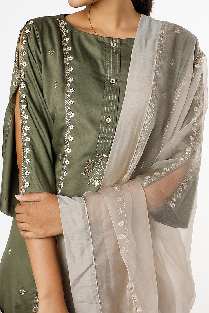 Dark Olive Zari & Sequins Embroidered Kurta Set by RENATI at Pernia's Pop Up Shop