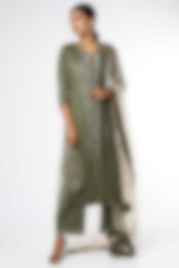 Dark Olive Resham & Sequins Embroidered Kurta Set by RENATI