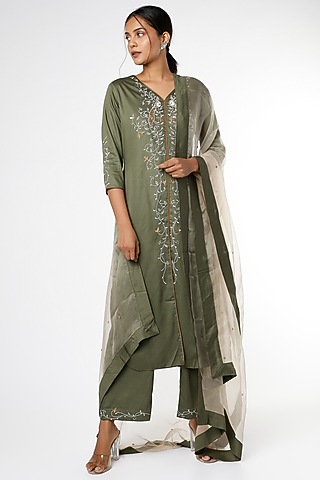 Dark Olive Resham & Sequins Embroidered Kurta Set by RENATI
