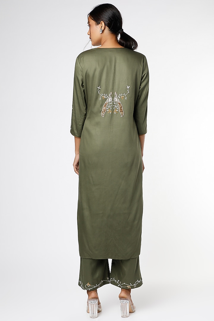 Dark Olive Resham & Sequins Embroidered Kurta Set by RENATI at Pernia's Pop Up Shop