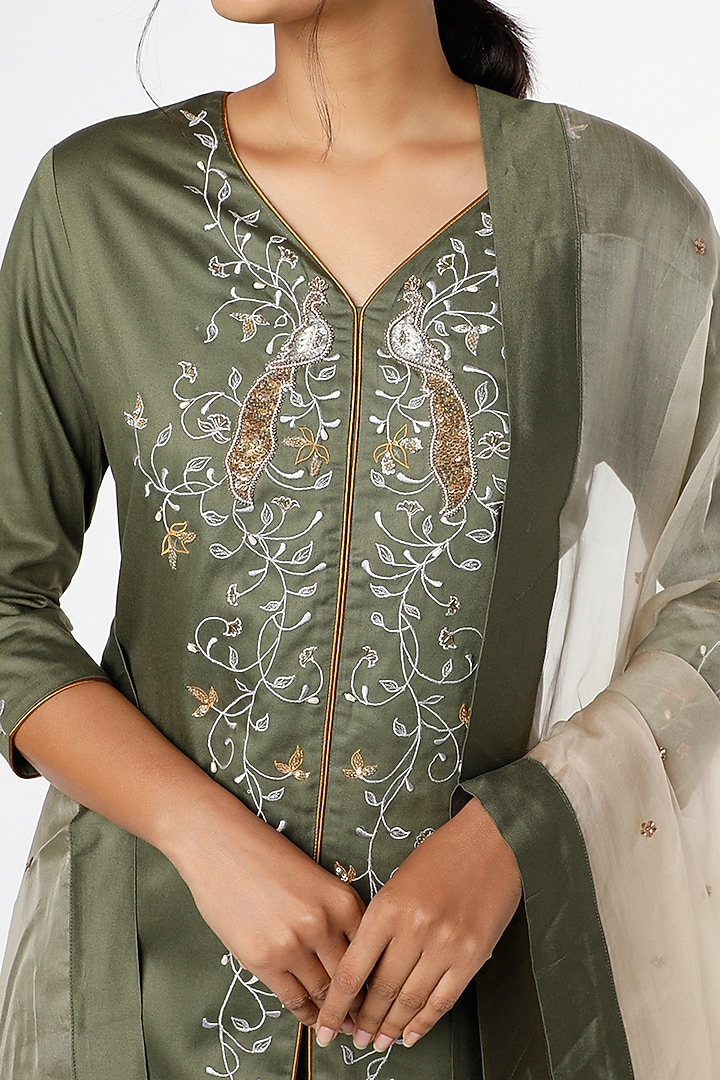 Dark Olive Resham & Sequins Embroidered Kurta Set by RENATI at Pernia's Pop Up Shop