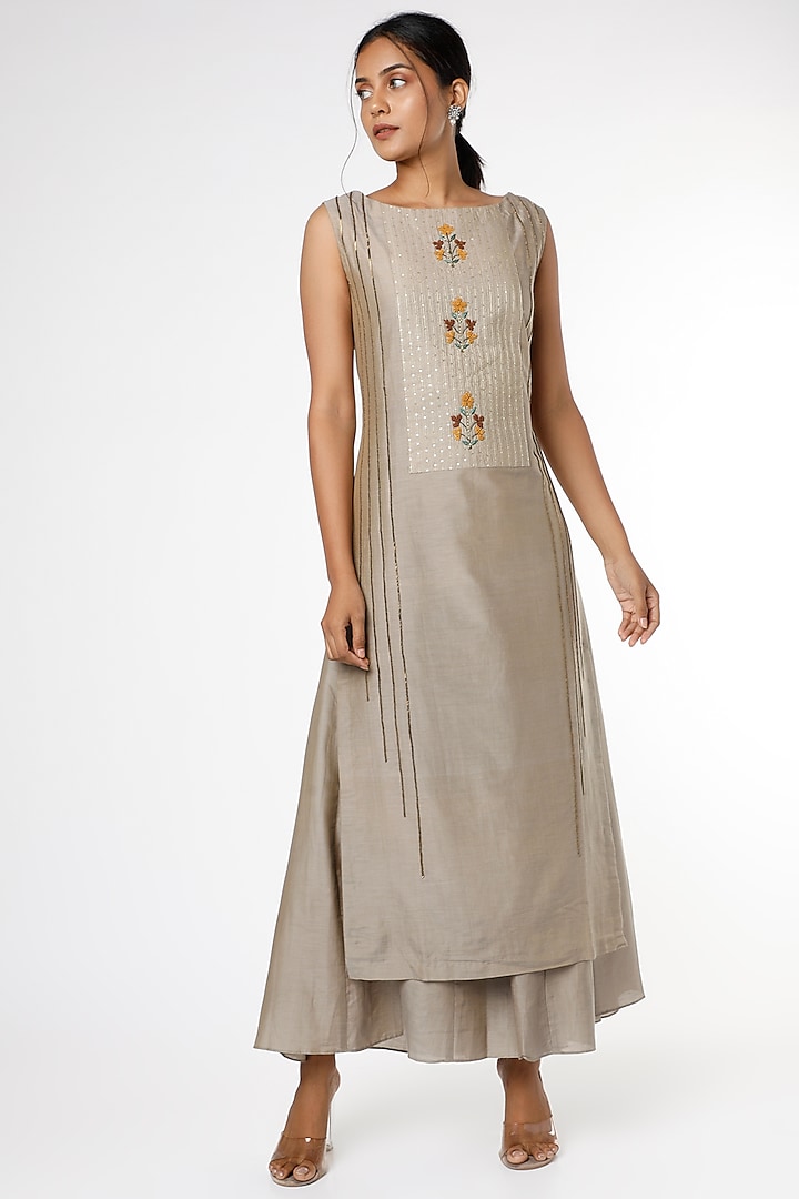 Oxford Tan Resham & Sequins Embroidered Kurta Set by RENATI