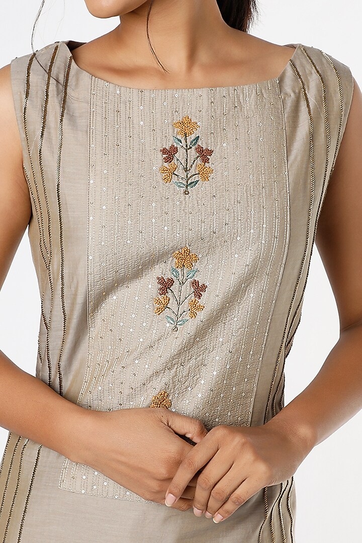 Oxford Tan Resham & Sequins Embroidered Kurta Set by RENATI at Pernia's Pop Up Shop
