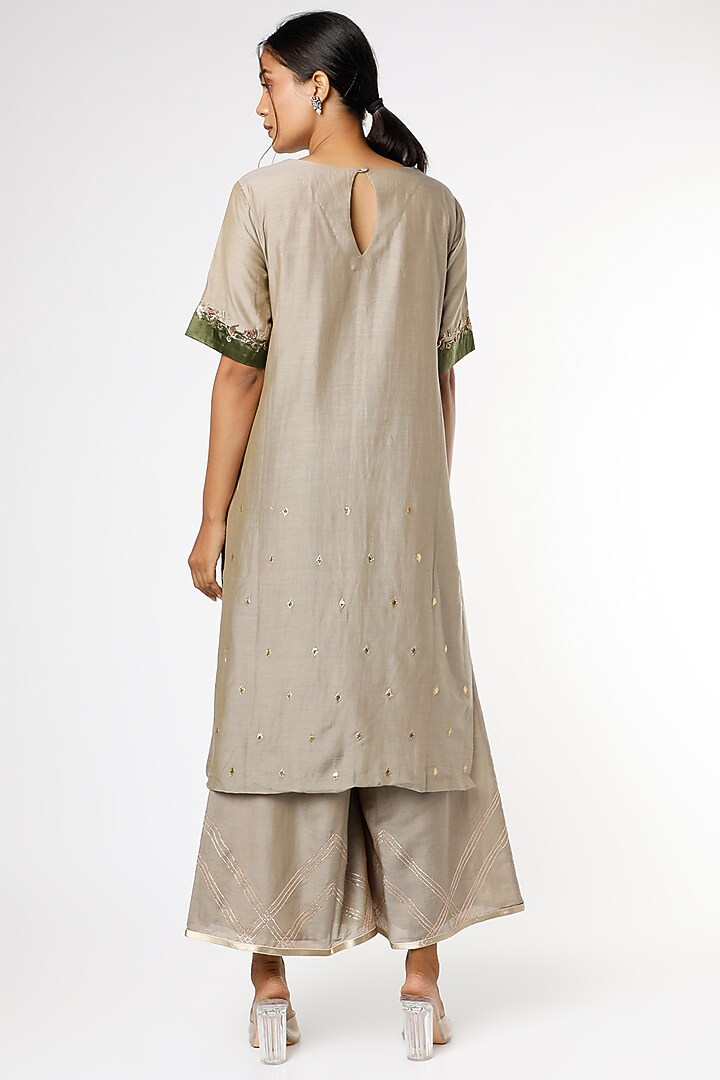 Oxford Tan Sequins & Cutdana Embroidered Kurta Set by RENATI at Pernia's Pop Up Shop