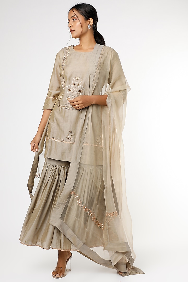 Oxford Tan Cotton Silk Sharara Set by RENATI