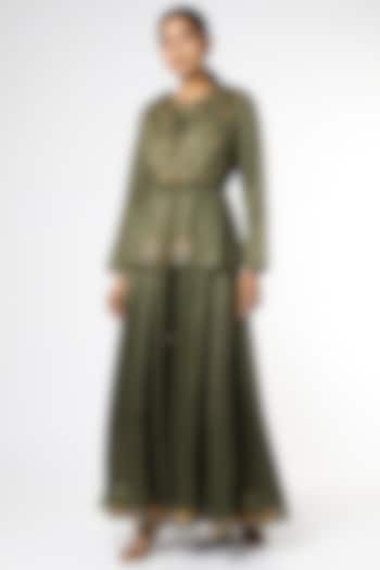 Dark Olive Sandwash Satin & Modal Satin Sequins Embroidered Jacket Set by RENATI at Pernia's Pop Up Shop