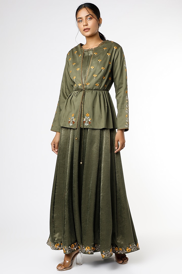 Dark Olive Sandwash Satin & Modal Satin Sequins Embroidered Jacket Set by RENATI at Pernia's Pop Up Shop