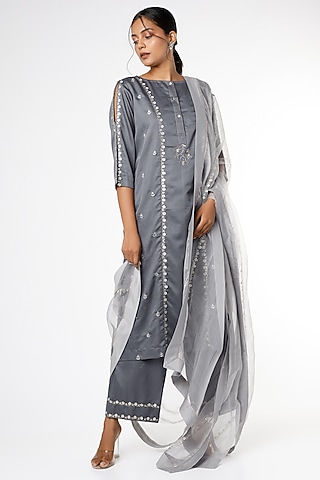 Dusty Blue Zari & Sequins Embroidered Kurta Set by RENATI