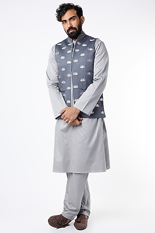 Dusty Blue Modal Satin Kurta Set by RENATI MEN