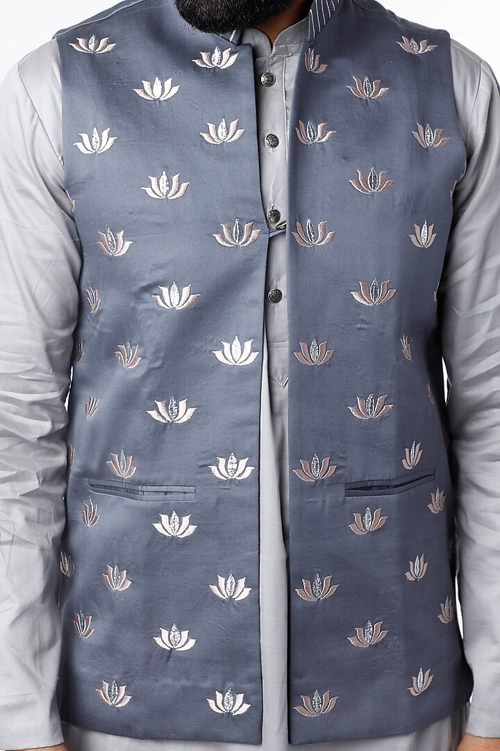 Dusty Blue Modal Satin Kurta Set by RENATI MEN at Pernia's Pop Up Shop