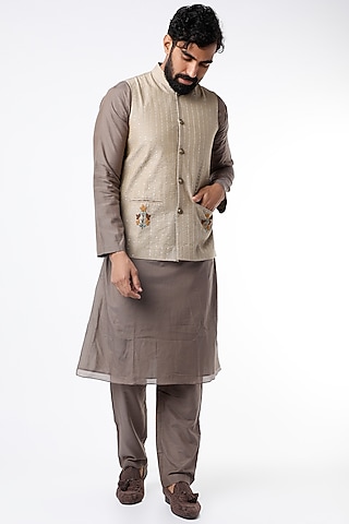 Tan Cotton Silk Kurta Set by RENATI MEN